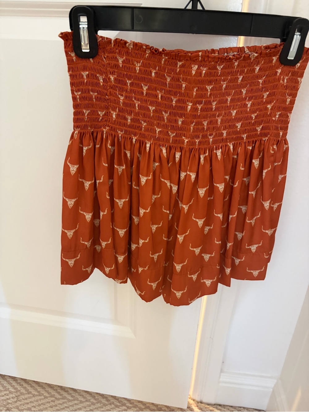 Rust Smocked Waist Mini Skirt with Bull Motif